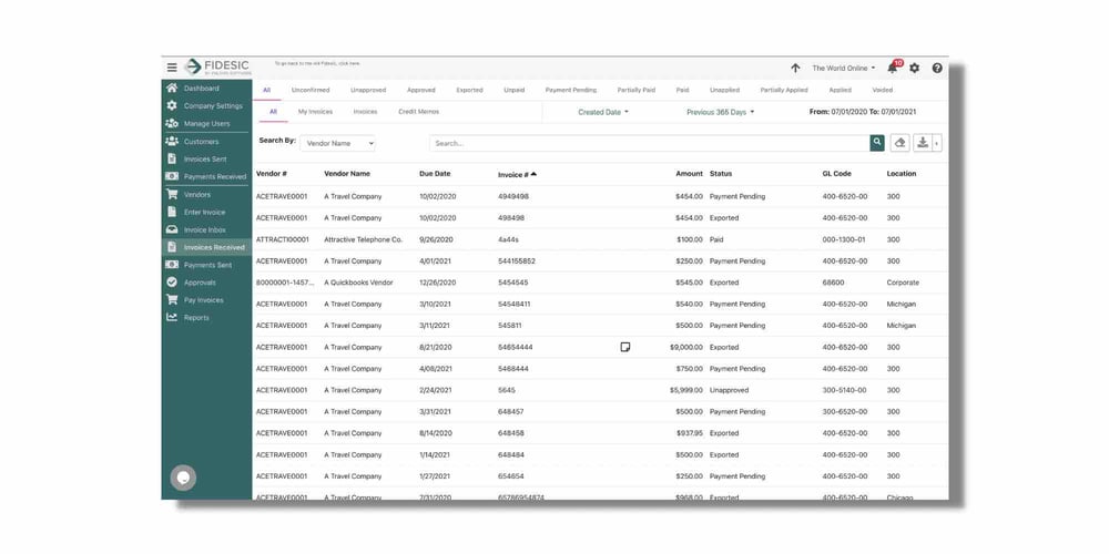 screenshot of fidesic's invoices received interface screenshot of fidesic's invoices received interface